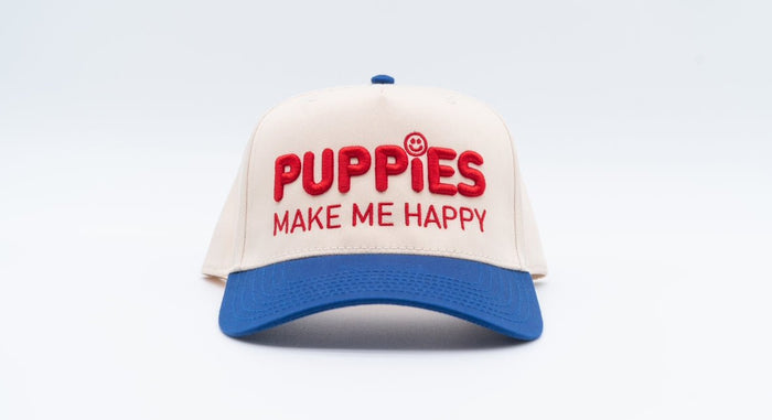 Puppies Make Me Happy Red White & Blue 3D Puff Snapback Hat in cream / blue brim w / red print