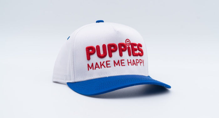 Puppies Make Me Happy Red White & Blue 3D Puff Snapback Hat in white / blue brim w / red print