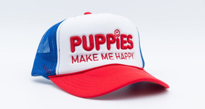 Red White & Blue Puppies Make Me Happy Trucker Hat