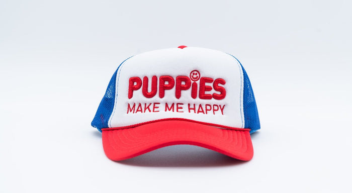 Red White & Blue Puppies Make Me Happy Trucker Hat