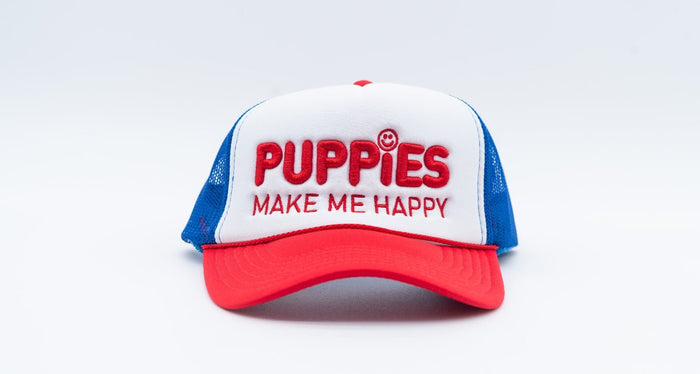 Red White & Blue Puppies Make Me Happy Trucker Hat