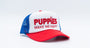 Red White & Blue Puppies Make Me Happy Trucker Hat in red white & blue