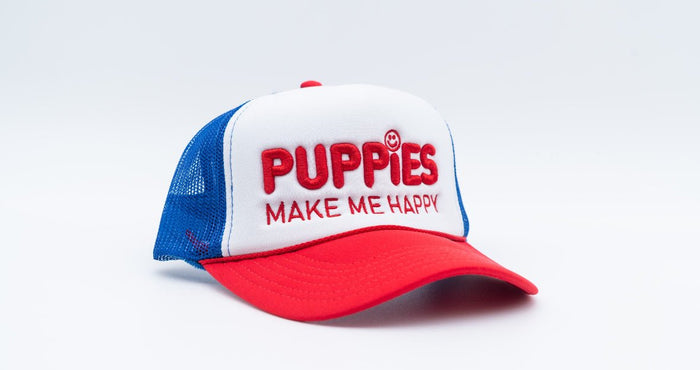 Red White & Blue Puppies Make Me Happy Trucker Hat in red white & blue
