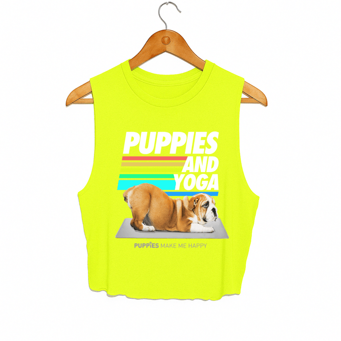 Puppies & Yoga Crop Tank in neon yellow
