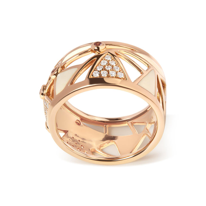 Anillo de banda con diamantes de 1/3 ct. p.t., turmalina rosa creada en laboratorio y esmalte blanco en oro rosa de 14K, foto 4