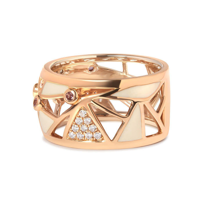Anillo de banda con diamantes de 1/3 ct. p.t., turmalina rosa creada en laboratorio y esmalte blanco en oro rosa de 14K, foto 1