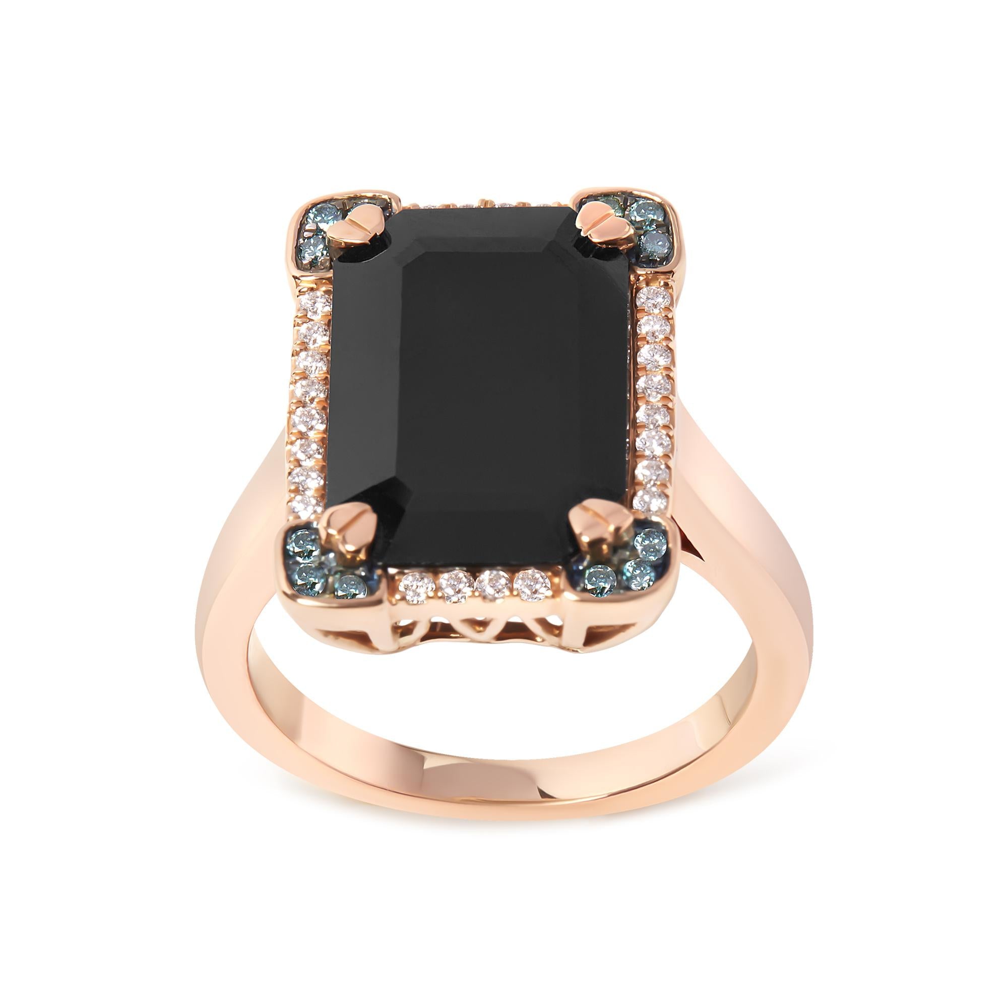1/5 Ct. T.W. 15x10mm Emerald-Cut Black Onyx and White and Treated Blue Diamond Halo Cocktail Ring in 14K Rose Gold, photo 1
