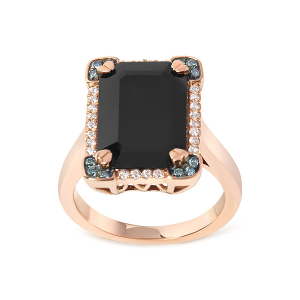 1/5 Ct. T.W. 15x10mm Emerald-Cut Black Onyx and White and Treated Blue Diamond Halo Cocktail Ring in 14K Rose Gold, photo 1