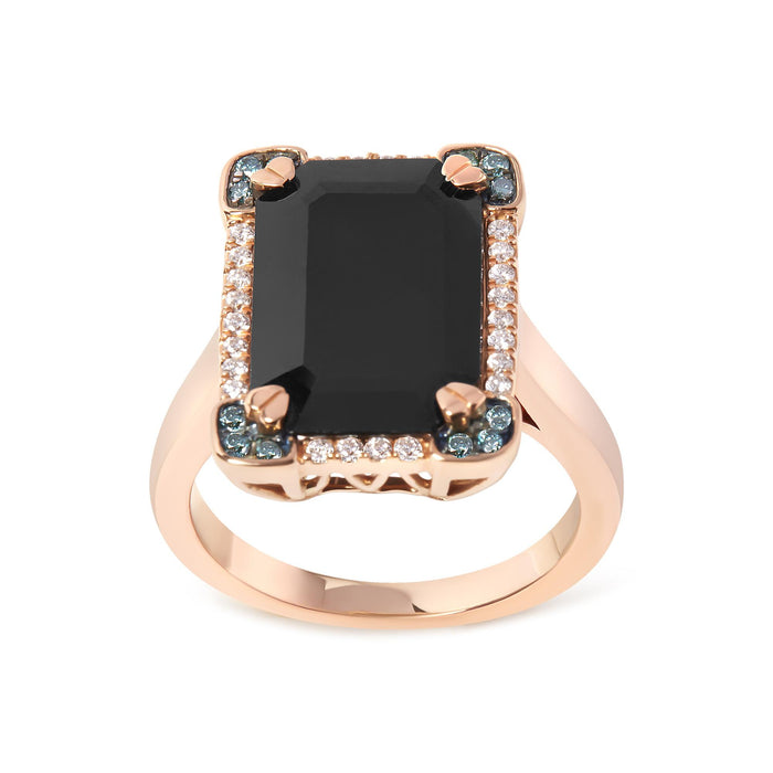 1/5 Ct. T.W. 15x10mm Emerald-Cut Black Onyx and White and Treated Blue Diamond Halo Cocktail Ring in 14K Rose Gold, photo 1