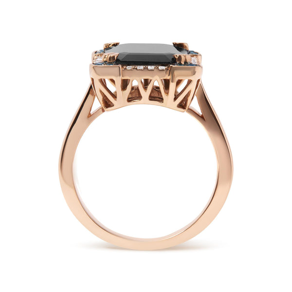 1/5 Ct. T.W. 15x10mm Emerald-Cut Black Onyx and White and Treated Blue Diamond Halo Cocktail Ring in 14K Rose Gold, photo 2