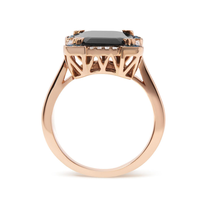 1/5 Ct. T.W. 15x10mm Emerald-Cut Black Onyx and White and Treated Blue Diamond Halo Cocktail Ring in 14K Rose Gold, photo 2