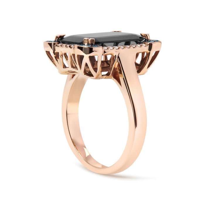 1/5 Ct. T.W. 15x10mm Emerald-Cut Black Onyx and White and Treated Blue Diamond Halo Cocktail Ring in 14K Rose Gold, photo 3