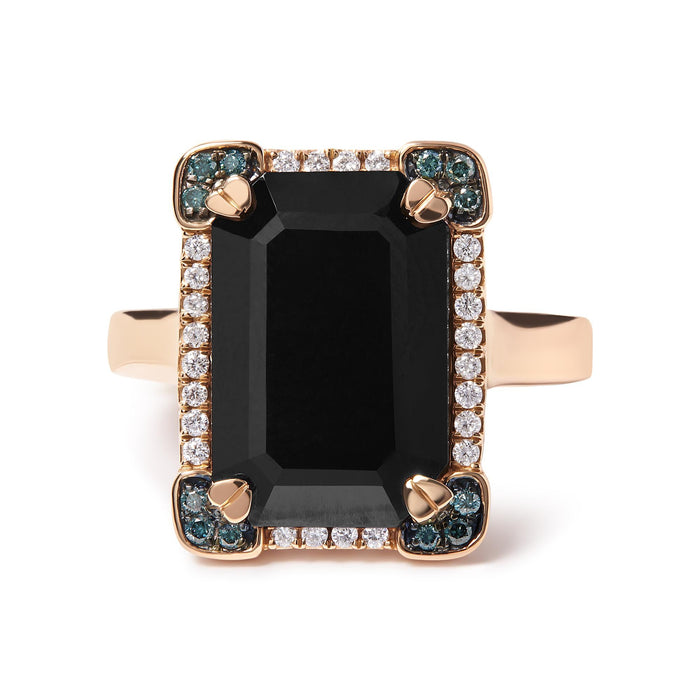 1/5 Ct. T.W. 15x10mm Emerald-Cut Black Onyx and White and Treated Blue Diamond Halo Cocktail Ring in 14K Rose Gold, photo 4