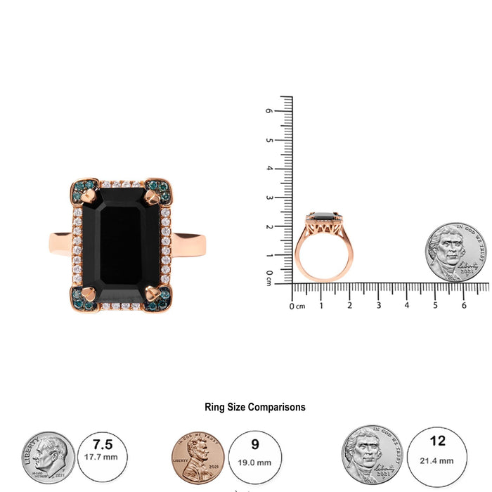 1/5 Ct. T.W. 15x10mm Emerald-Cut Black Onyx and White and Treated Blue Diamond Halo Cocktail Ring in 14K Rose Gold, photo 5