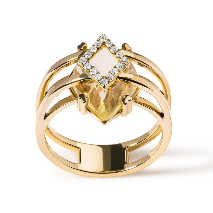 Anillo de cóctel llamativo con topacio amarillo talla marquesa de 15x15 mm y detalle de diamante en oro amarillo de 14K, foto 1