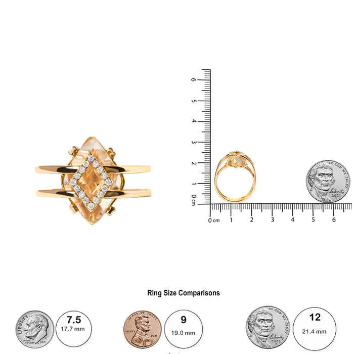 Anillo de cóctel llamativo con topacio amarillo talla marquesa de 15x15 mm y detalle de diamante en oro amarillo de 14K, foto 5