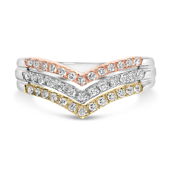 Anillo apilable tricolor chevrón con diamantes de 1/3 ct. p.t. en plata de ley bañada en oro de 10K, foto 1