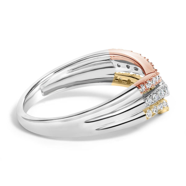 Anillo apilable tricolor chevrón con diamantes de 1/3 ct. p.t. en plata de ley bañada en oro de 10K, foto 2