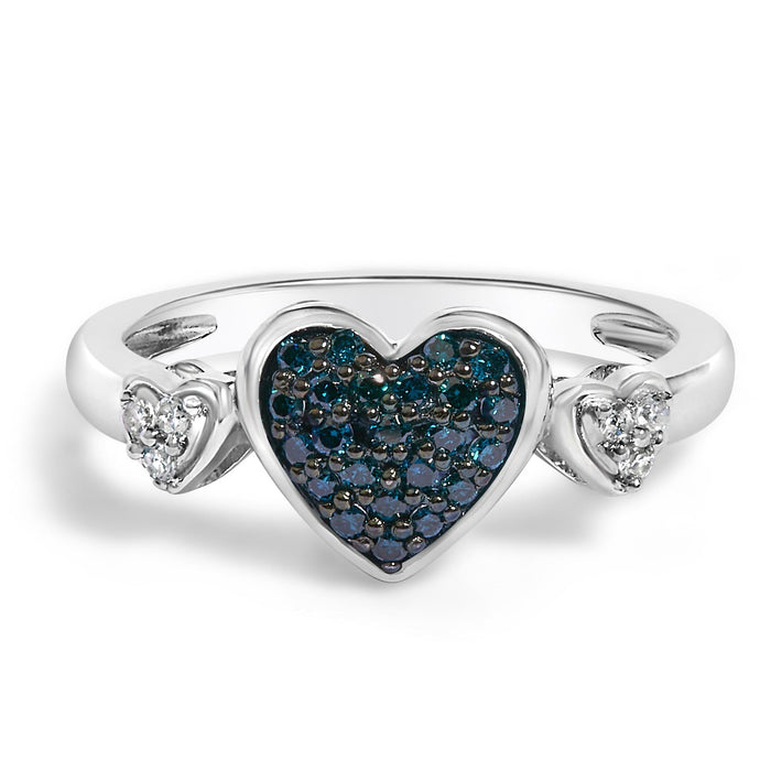 Anillo de triple corazón con diamantes azules y blancos de 1/5 ct. p.t. en plata de ley, foto 1