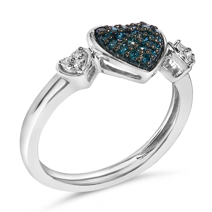 Anillo de triple corazón con diamantes azules y blancos de 1/5 ct. p.t. en plata de ley, foto 4