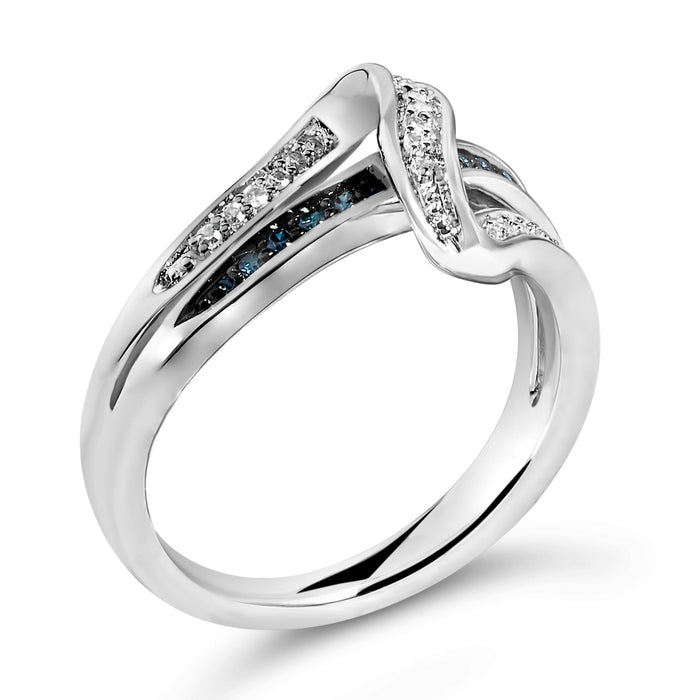 Anillo cruzado con diamantes azules y blancos de 1/10 ct. p.t. en plata de ley, foto 3