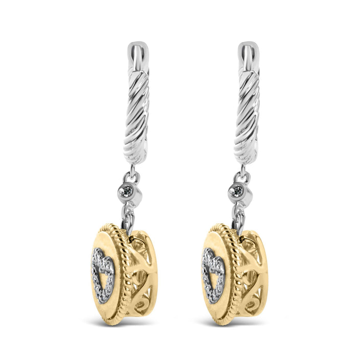Aretes colgantes de medallón de corazón con diamantes de 1/8 ct. p.t. en plata de ley bañada en oro amarillo de 18K, foto 5