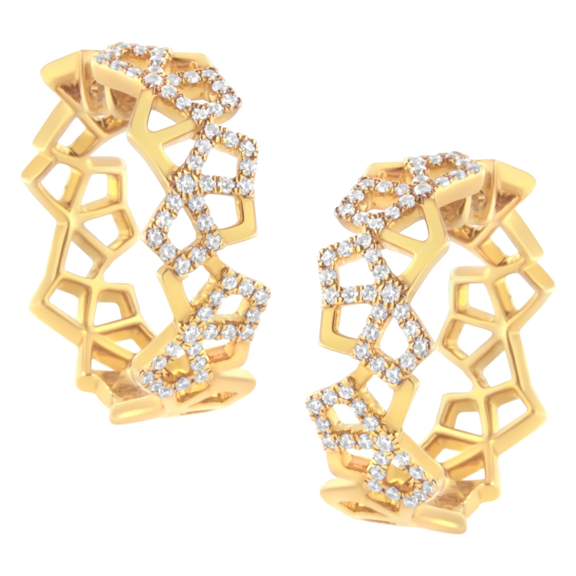 Aretes de aro de panal con diamantes de 3/4 ct. p.t. en oro amarillo de 14K, foto 1
