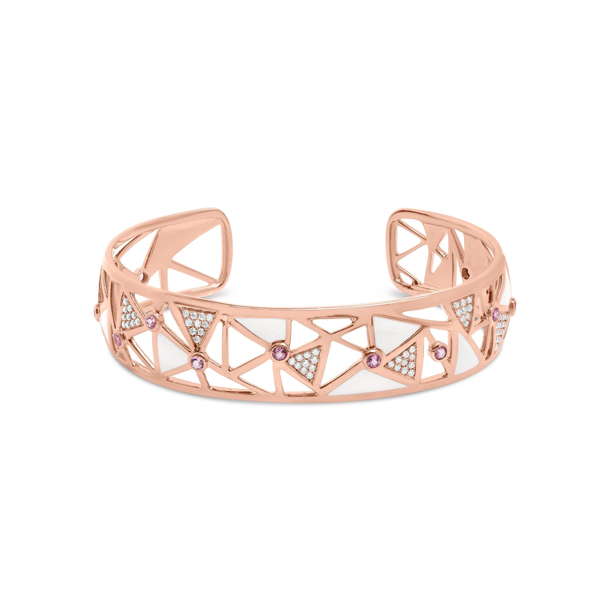 5/8 Ct. T.W. Diamond and Lab-Created Pink Tourmaline Open Cuff Bangle with White Enamel in 14K Rose Gold, photo 1
