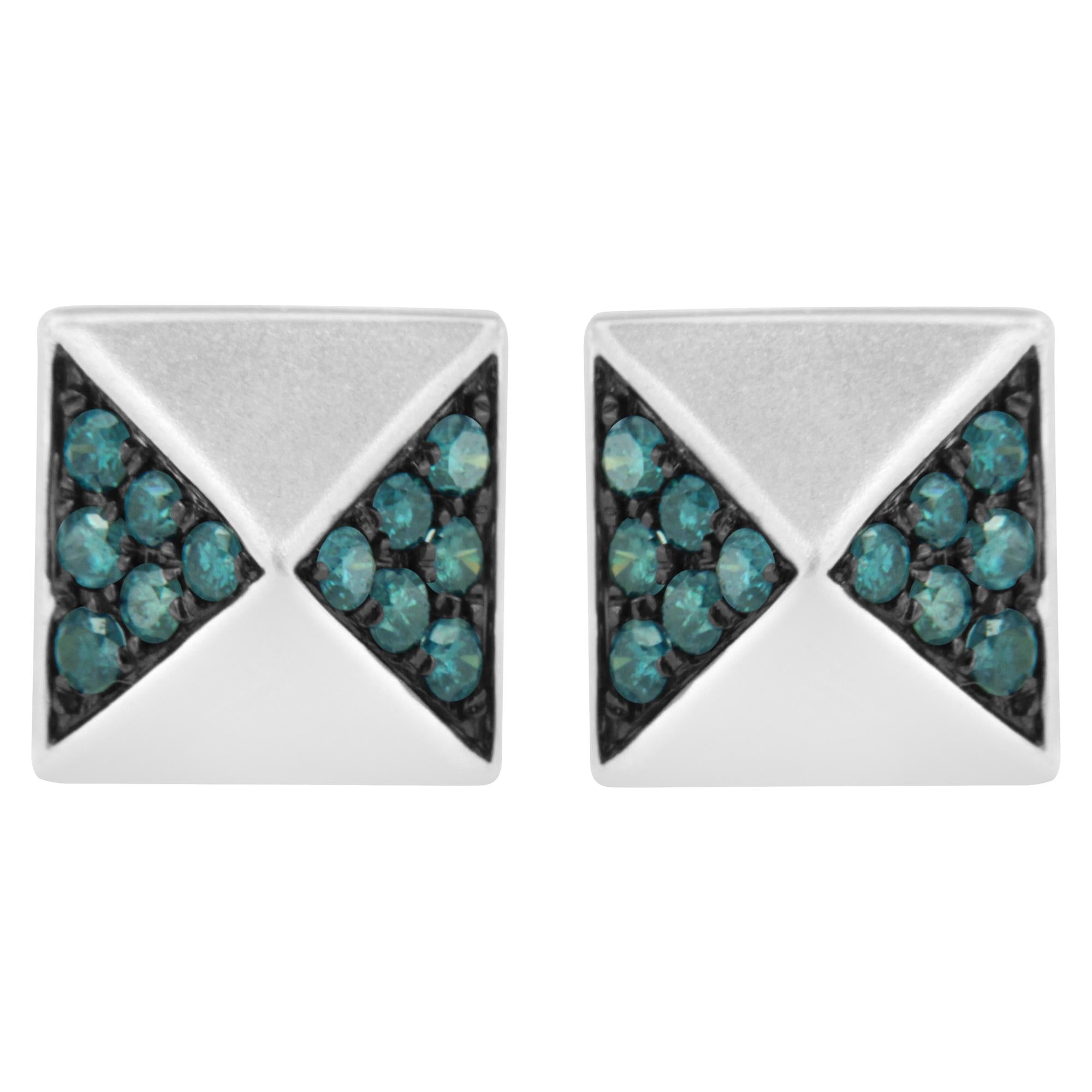 Aretes de botón de pirámide con diamantes azules tratados de 1/4 ct. p.t. en oro blanco de 14K, foto 1