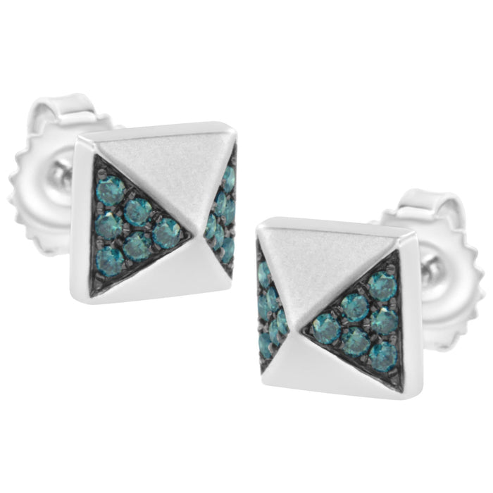 Aretes de botón de pirámide con diamantes azules tratados de 1/4 ct. p.t. en oro blanco de 14K, foto 4