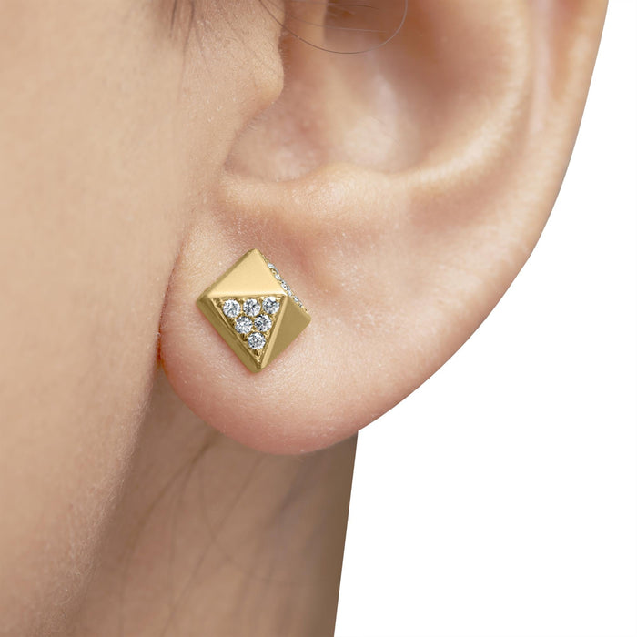 Aretes de botón de pirámide con diamantes de 1/4 ct. p.t. en oro amarillo de 14K, foto 3