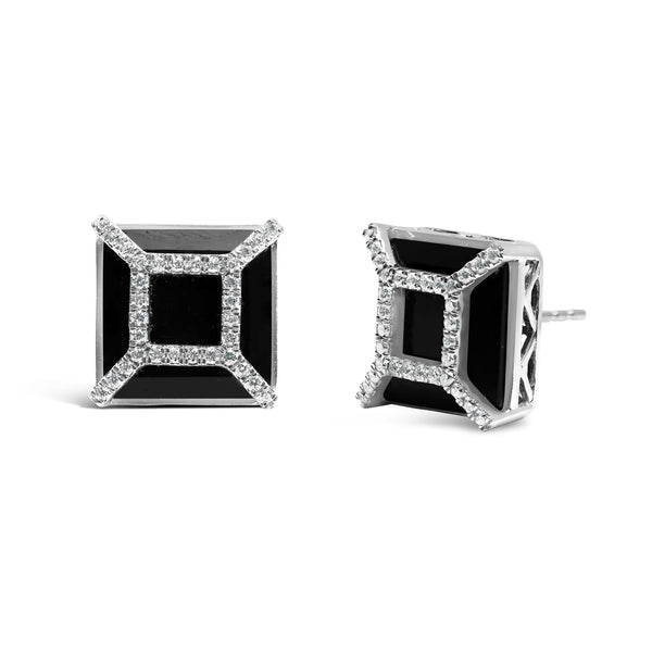 3/8 Ct. T.W. Diamond with 11x11mm Black Onyx Stud Earrings in 14K White Gold, photo 2