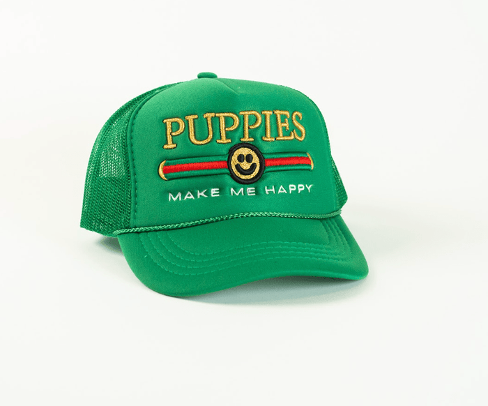 Pup Lux Metallic Gold Puff Trucker Hat in kelly green
