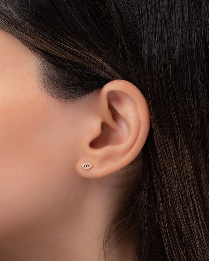 Arete de botón de ojo turco diminuto de diamantes en oro de 14K, foto 6