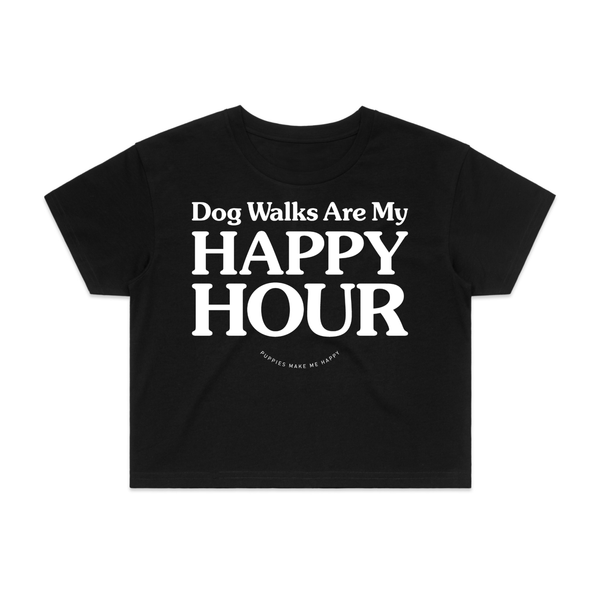 Dog Walks Are My Happy Hour Crop Tee in puppies black