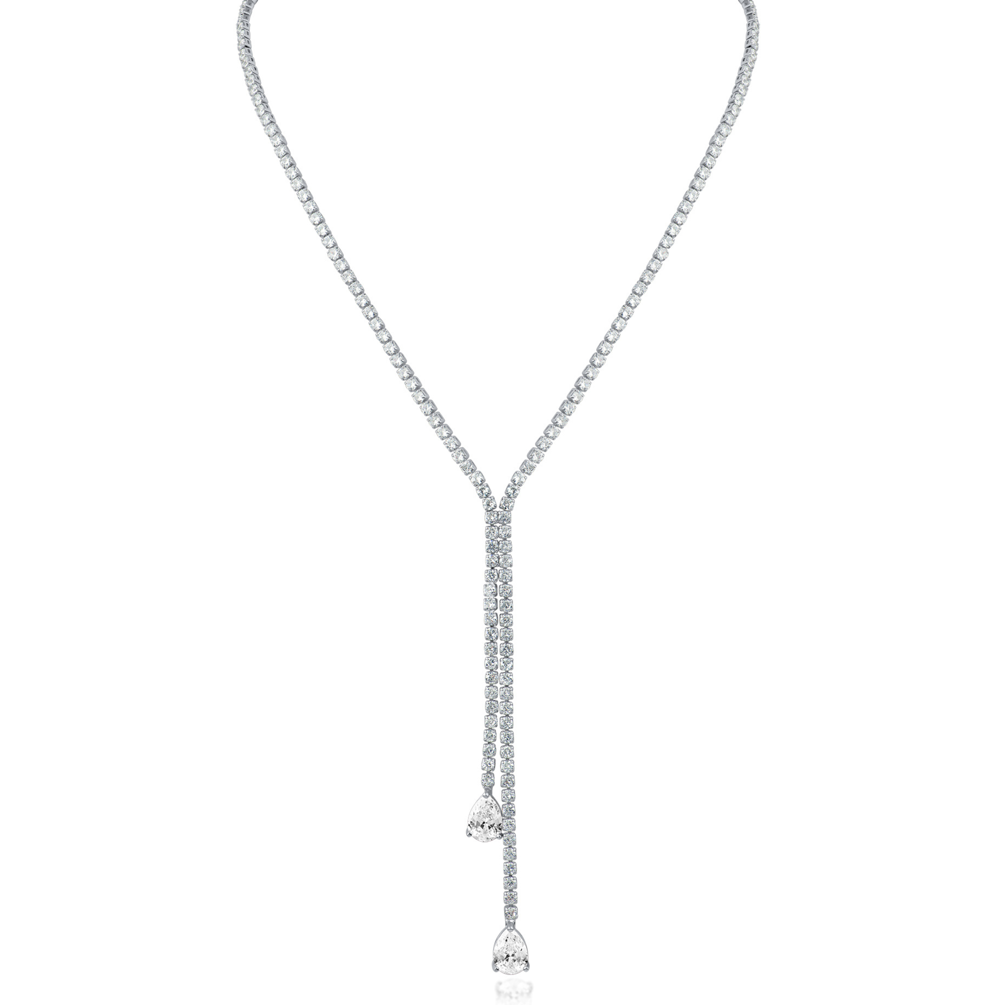Round and Pear Cubic Zirconia Double Drop Y-Necklace in Rhodium-Plated Brass, photo 1