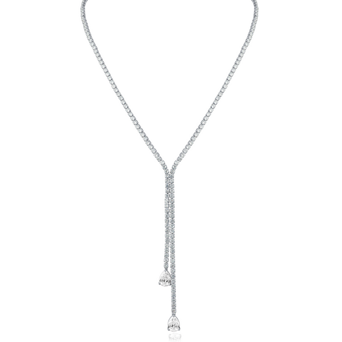 Round and Pear Cubic Zirconia Double Drop Y-Necklace in Rhodium-Plated Brass, photo 1