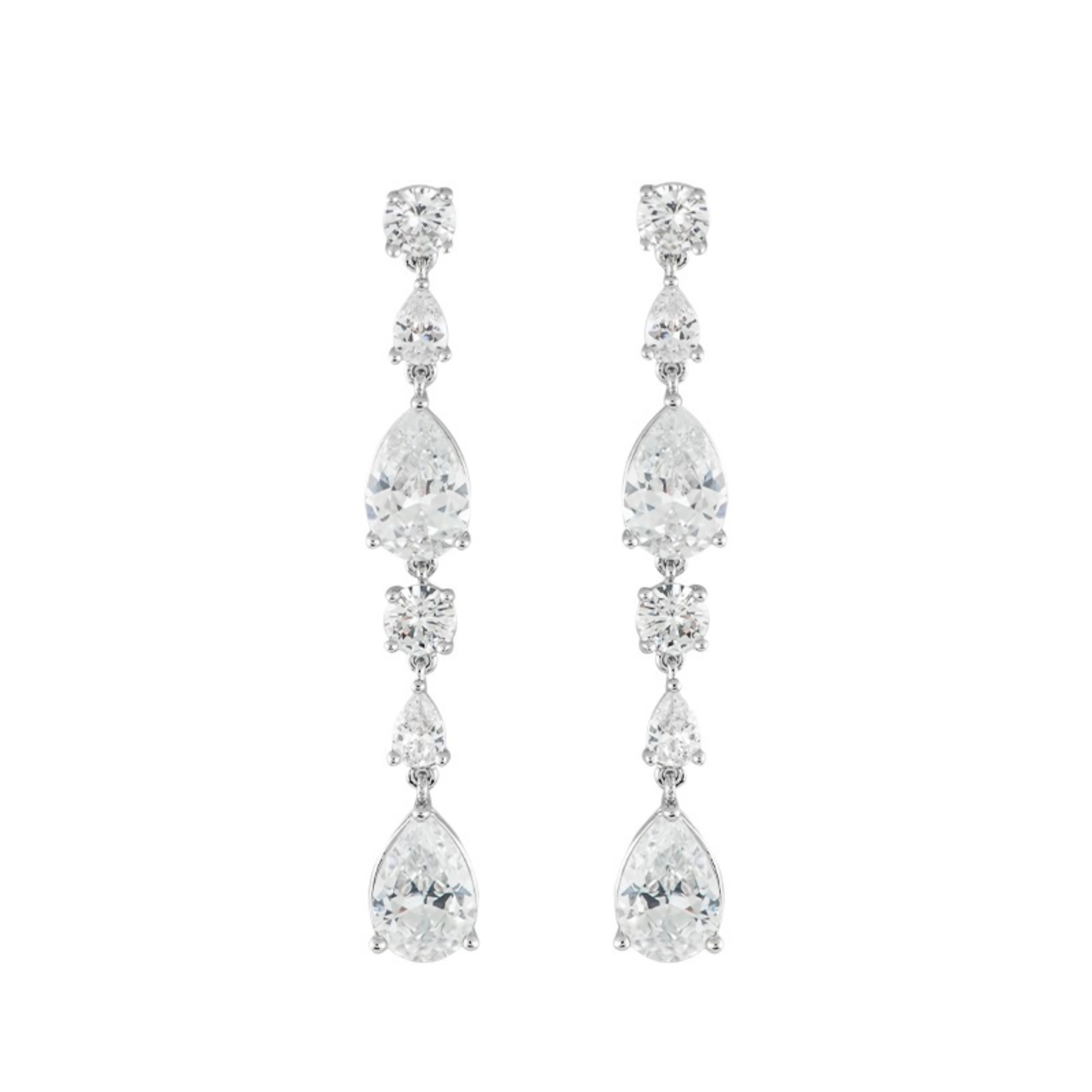 Aretes colgantes lineales con zirconias cúbicas en forma de pera y redondas alternadas en plata de ley, foto 1