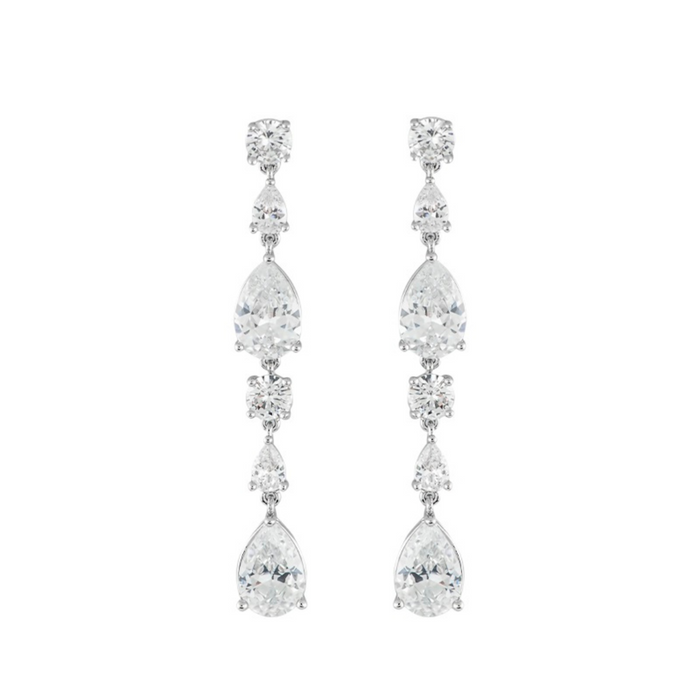 Aretes colgantes lineales con zirconias cúbicas en forma de pera y redondas alternadas en plata de ley, foto 1