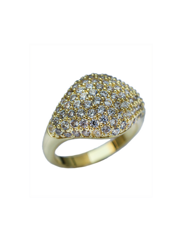 Pavé Cubic Zirconia Signet Pinky Ring in 14K Gold-Plated Brass, photo 1