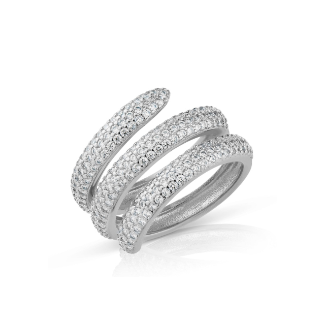 Anillo de triple espiral con zirconias cúbicas en engaste pavé en latón bañado en rodio, foto 1