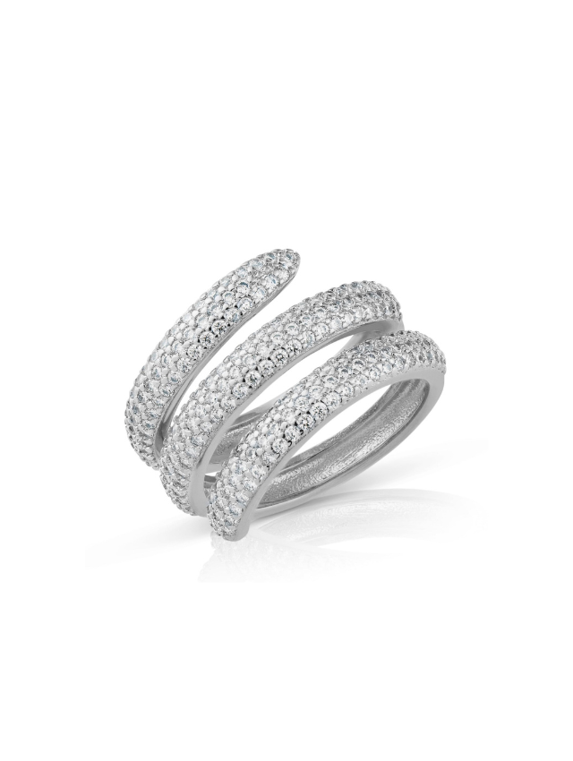 Anillo de triple espiral con zirconias cúbicas en engaste pavé en latón bañado en rodio, foto 1