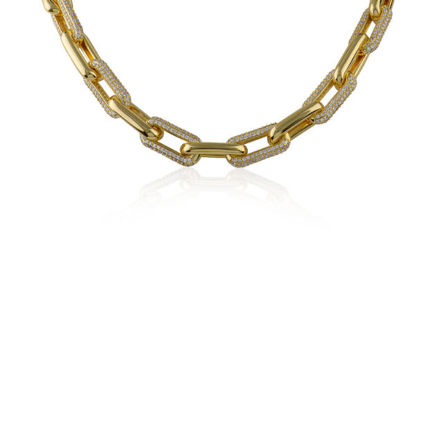Collar de eslabones ovalados alternados con zirconias cúbicas pavé en latón bañado en oro de 18K, foto 1