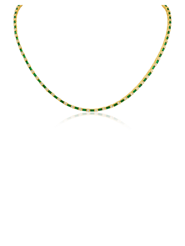 Collar tenis delgado con zirconias cúbicas baguette verdes en latón bañado en oro de 18K, foto 1