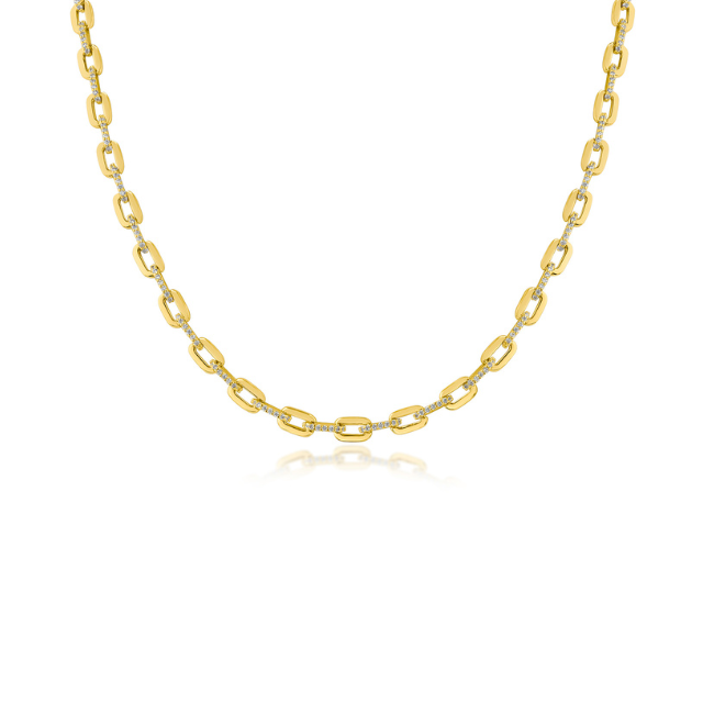Pavé Cubic Zirconia Alternating Link Necklace in 18K Gold-Plated Brass, photo 1