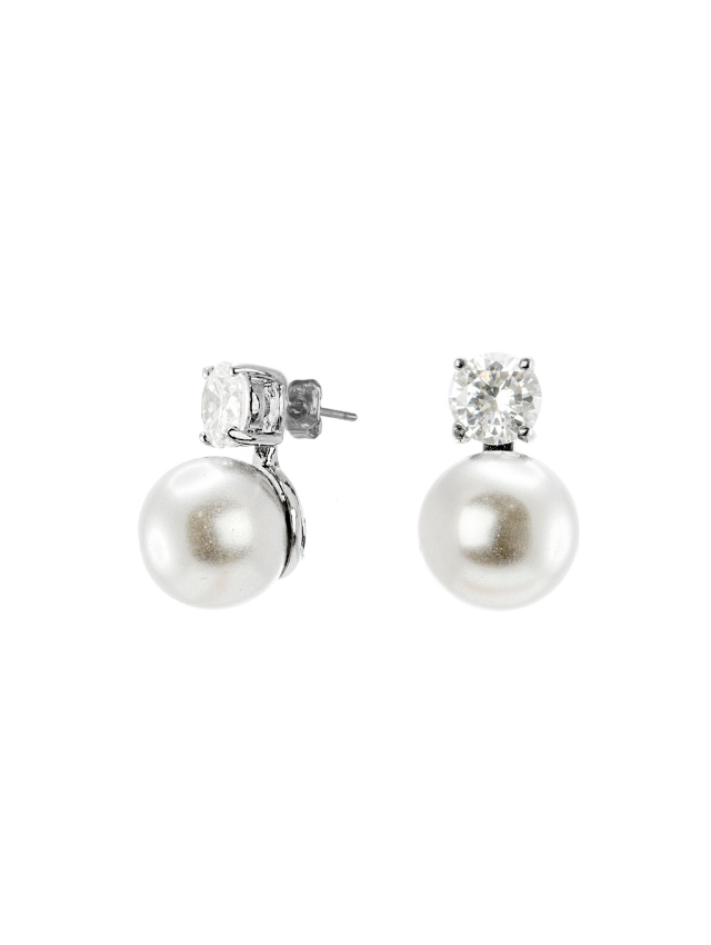 Round Cubic Zirconia and Glass Bead Drop Earrings in Rhodium-Plated Brass, photo 1