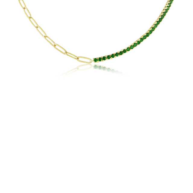 Collar mitad tenis y mitad cadena con zirconias cúbicas verdes en latón bañado en oro de 18K, foto 1