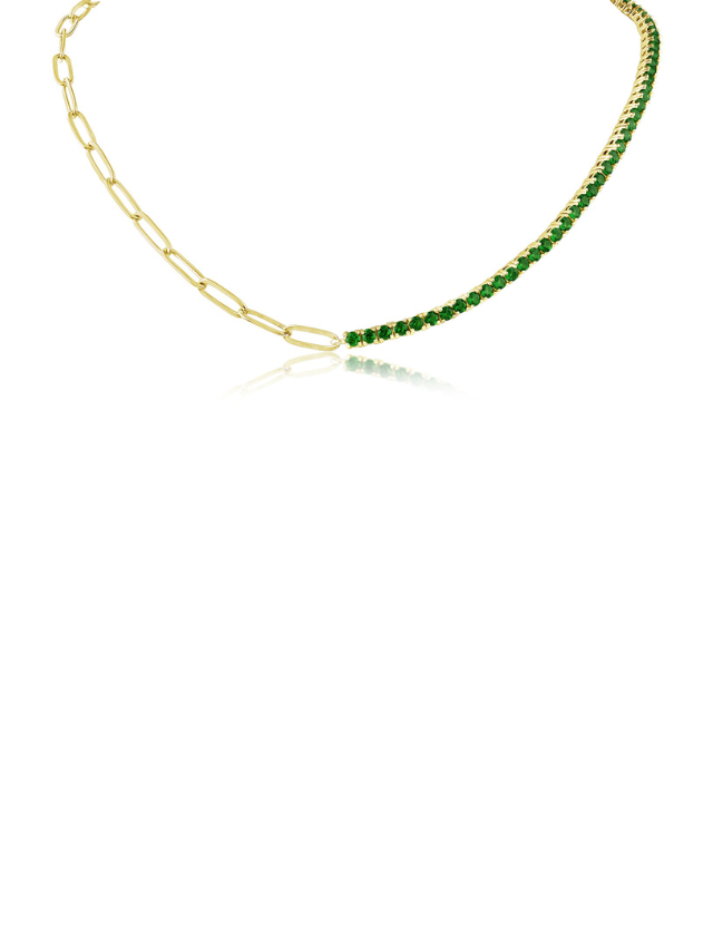 Collar mitad tenis y mitad cadena con zirconias cúbicas verdes en latón bañado en oro de 18K, foto 1