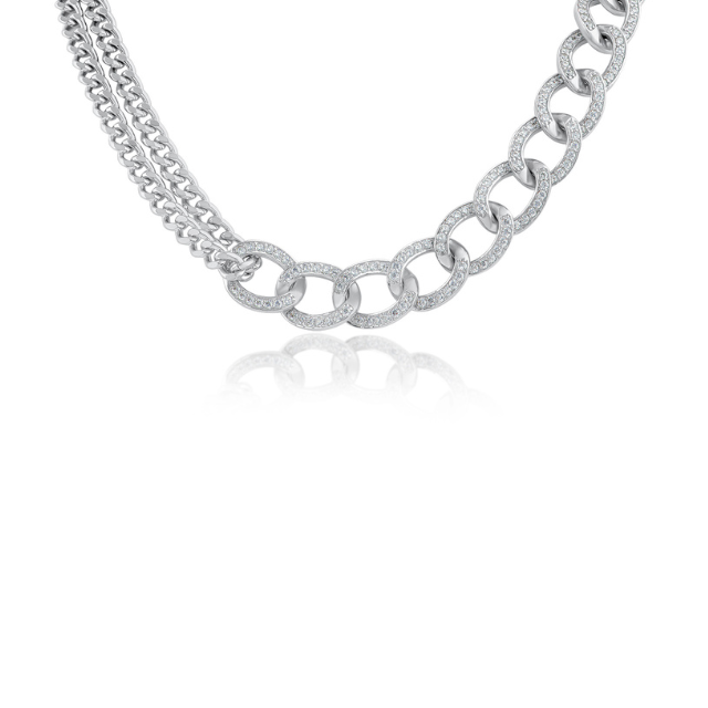 Collar de doble cadena entrelazada con zirconias cúbicas pavé en latón bañado en rodio, foto 1