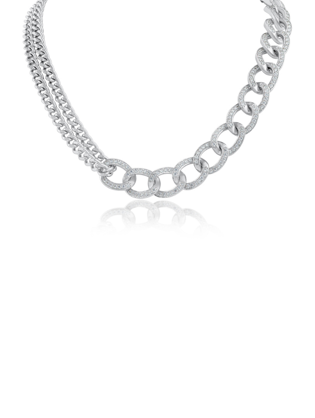 Collar de doble cadena entrelazada con zirconias cúbicas pavé en latón bañado en rodio, foto 1